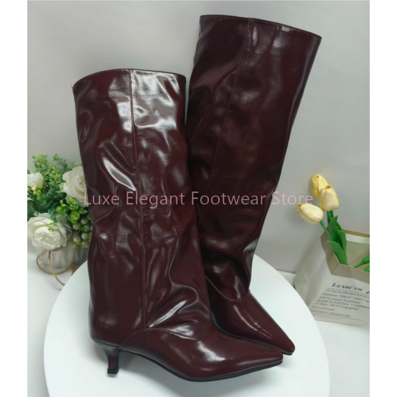 Street Fashion Lady - Burgundowe kozaki do kolan z ostrym