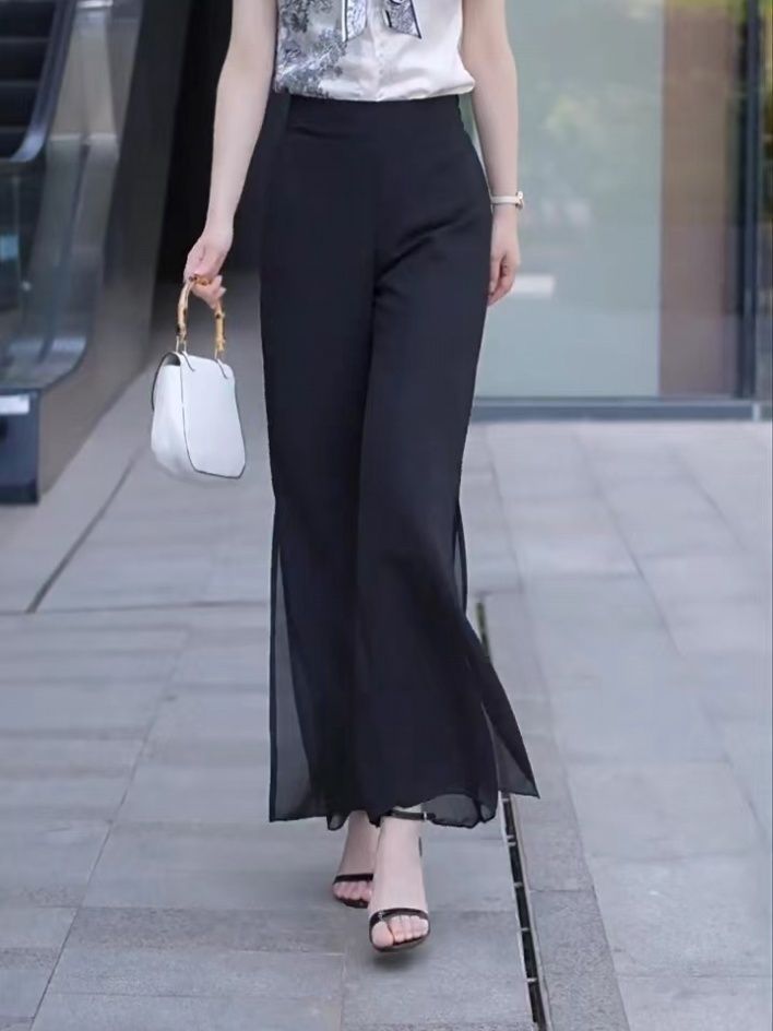 Fashion Street Yoga - Wysokie rozcięcie Solidne czarne luźne spodnie