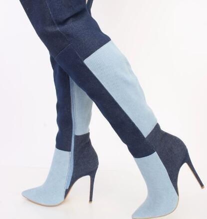 Street Fashion Denim - Niebieskie dwukolorowe dżinsowe kozaki za kolano