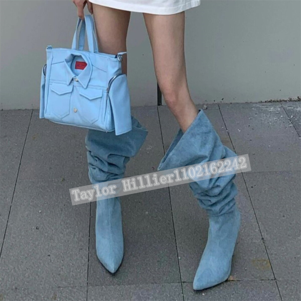 Street Fashion Denim - Wiosenne Niebieskie Jeansowe Plisowane Buty typu