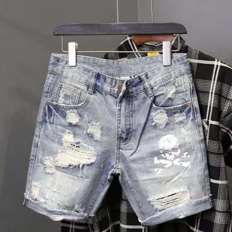 Street Fashion Jeans - Letnie męskie noszone koralikowe dziury żebrak